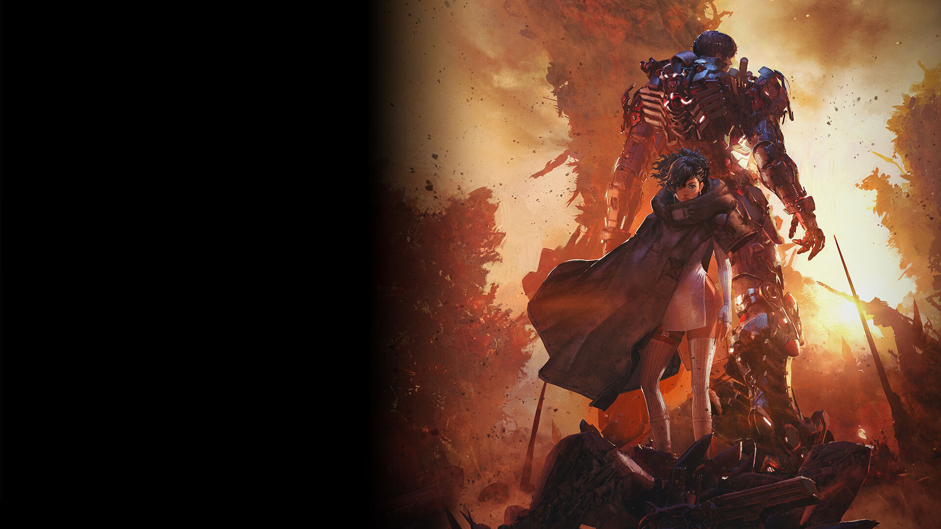 A young woman stands in front of a large, armored robot against a fiery, dramatic background.